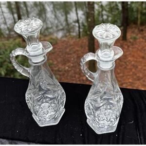2 Anchor Hocking Early American Precut Glass Clear Cruet & Stopper lid -A28